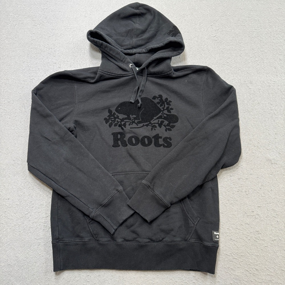 Roots Hoodie Men's Small Black Athletic Goods Fleece Lined Pullover Sweatshirt